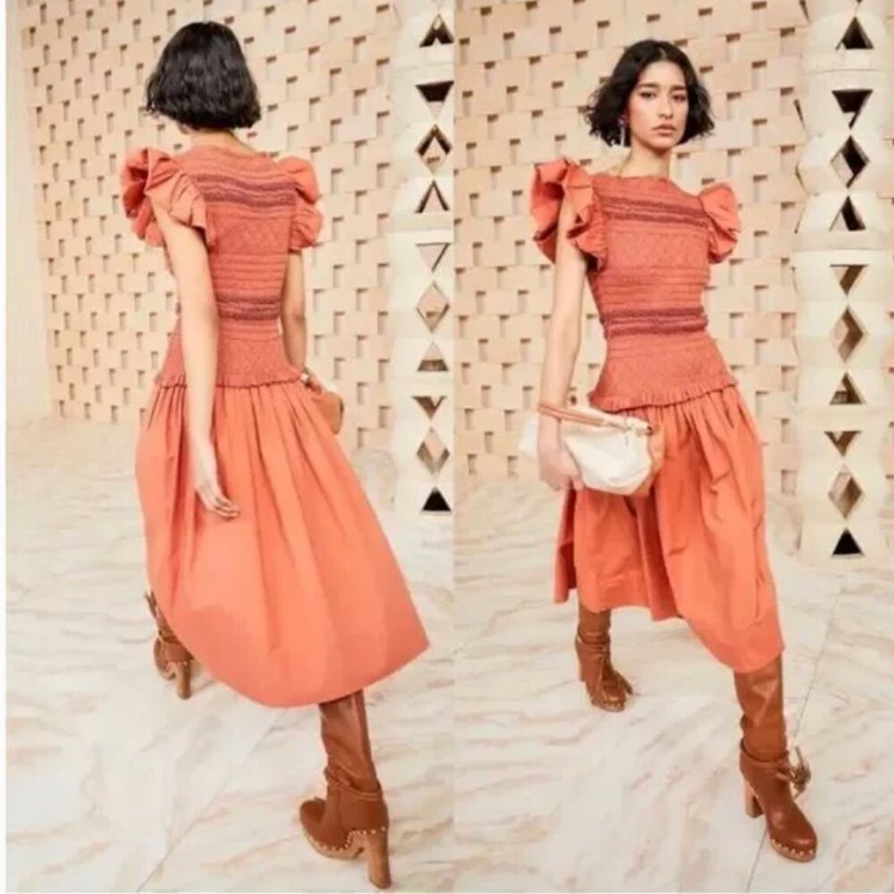 ULLA JOHNSON smocked Madeline midi dress in Clay